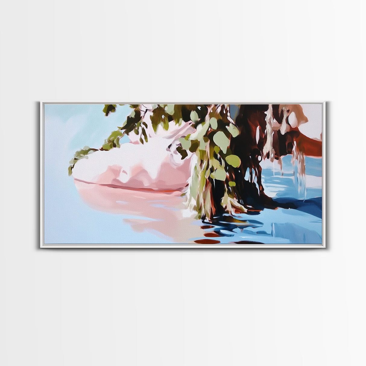 Serenity Reflections, Nature, Framed Canvas Print, Tranquil lake scene, soft pastels, modern landscape, minimalist decor, bedroom wall art