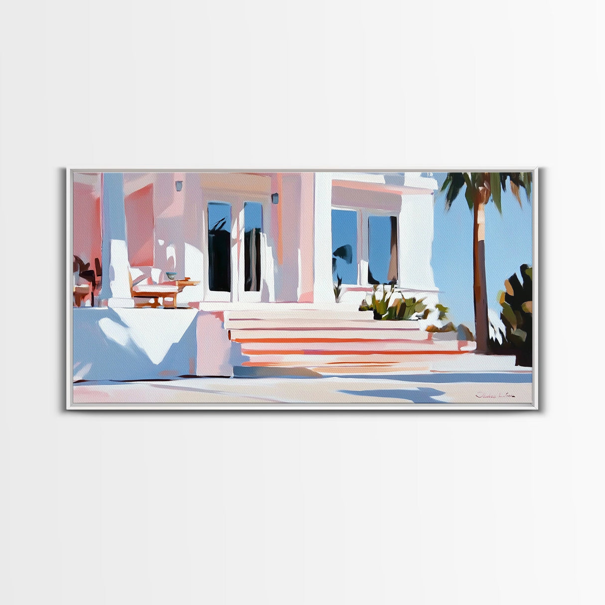 Palm Villa, Tropical House, Beach Home, Coastal Living, Pink Wall Art, Modern Architecture, Vacation House, Minimalist, Canvas Print
