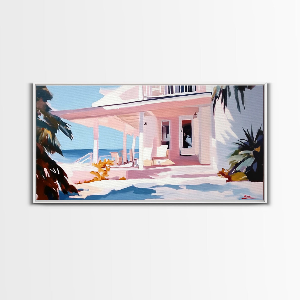 Oceanfront Porch, Coastal Home, Beach House, Seaside Retreat, Summer Vibes, Blue Wall Art, Nautical Style, Modern Decor, Framed Canvas Print