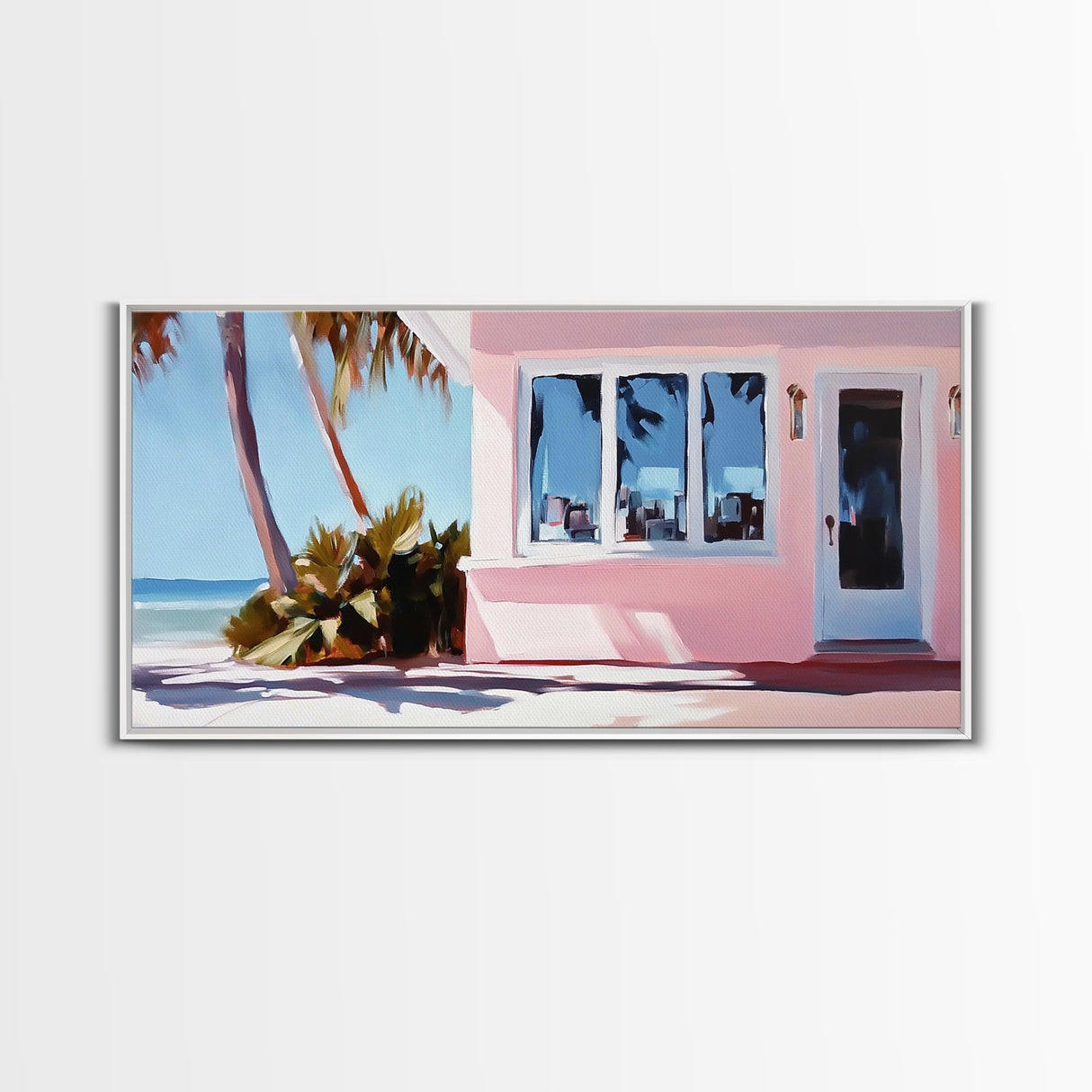 Seaside Cottage, Beach House, Coastal Living, Palm Trees, Ocean Breeze, Tropical Getaway, Minimalist Art, Nautical Theme, Canvas Print