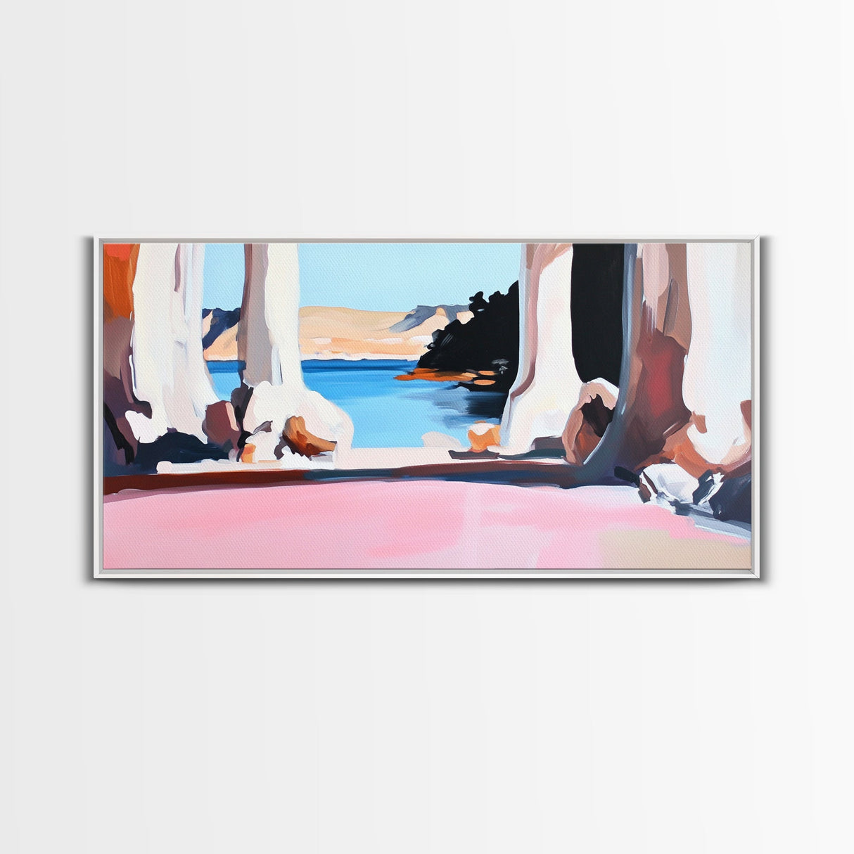 Tranquil Waters, Cliffside View, Serene Seascape, Framed Canvas Print, Coastal Wall Art, Boho Decor, Office Wall Art, Abstract Landscape