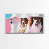 Stylish Dogs, Trendy Animal Art, Pink Aesthetic Print, Modern Pet Portrait, Whimsical Wall Art, Playful Decor, Framed Canvas Print