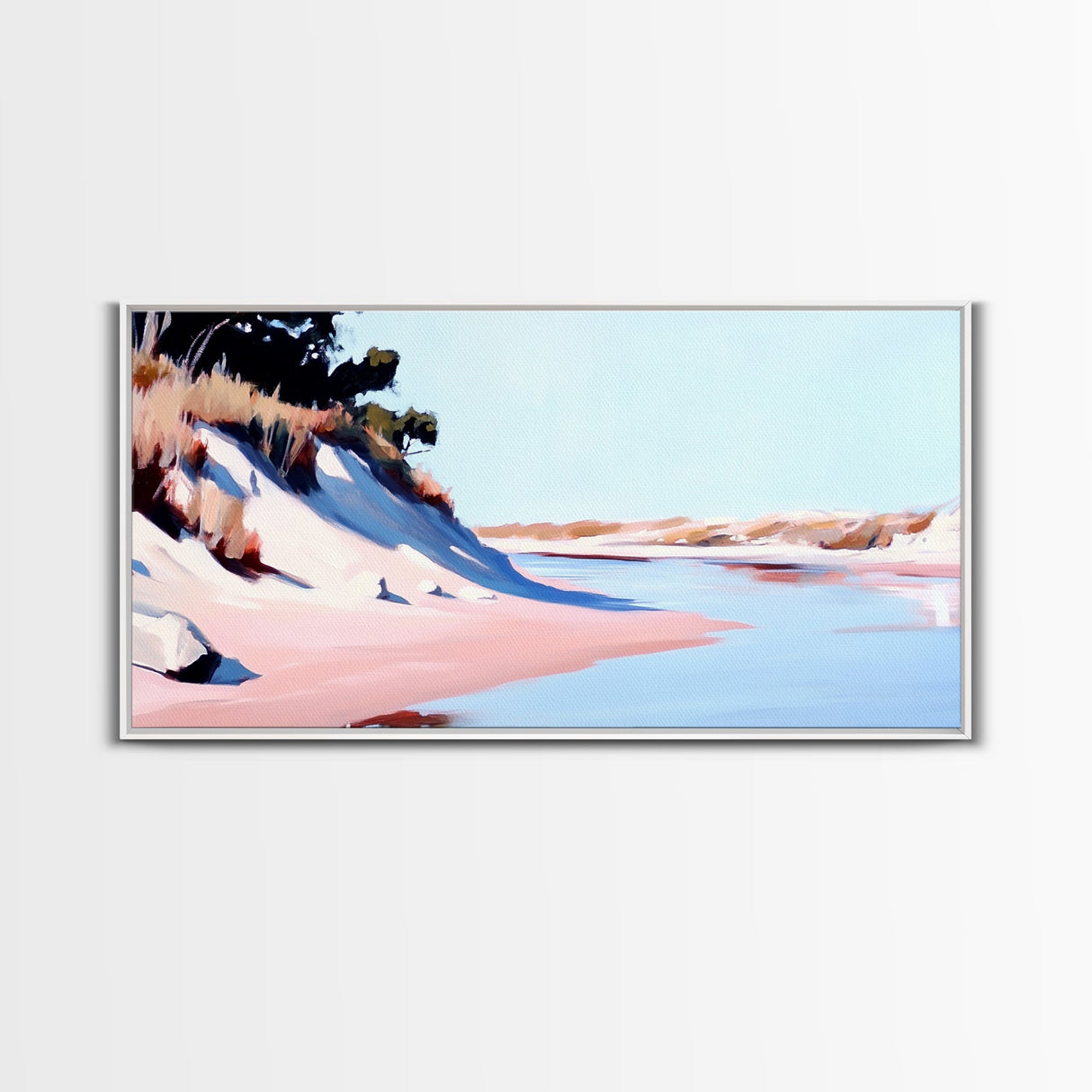 Sandy Riverbank, Minimalist Nature Art, Soft Pastel Landscape, Warm Earthy Print, Rustic Home Decor, Boho Wall Art, Framed Canvas Print