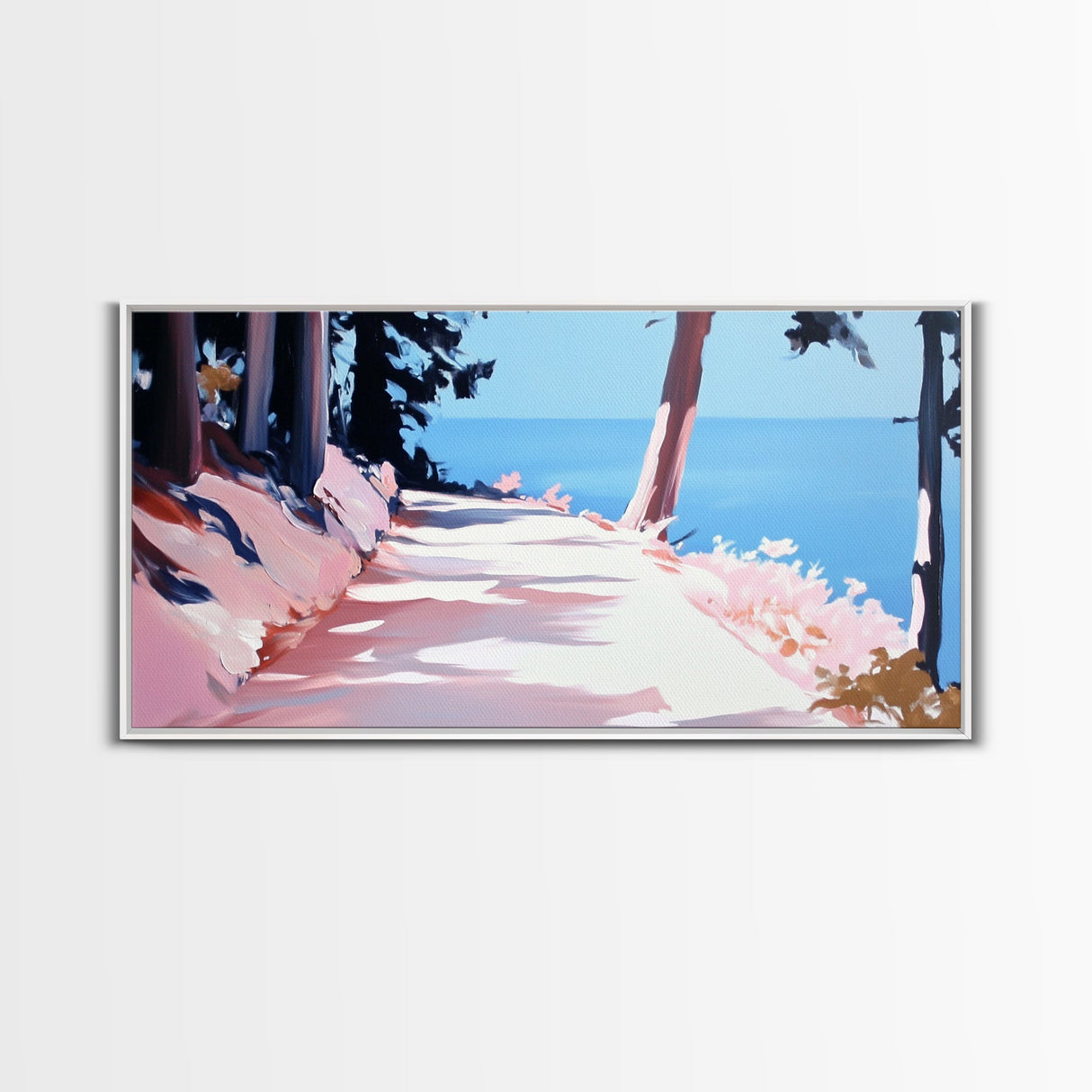 Sunlit Pathway, Serene Nature Art, Forest Trail Print, Pink Blue Landscape, Scenic Wall Decor, Calm Aesthetic Home, Framed Canvas Print