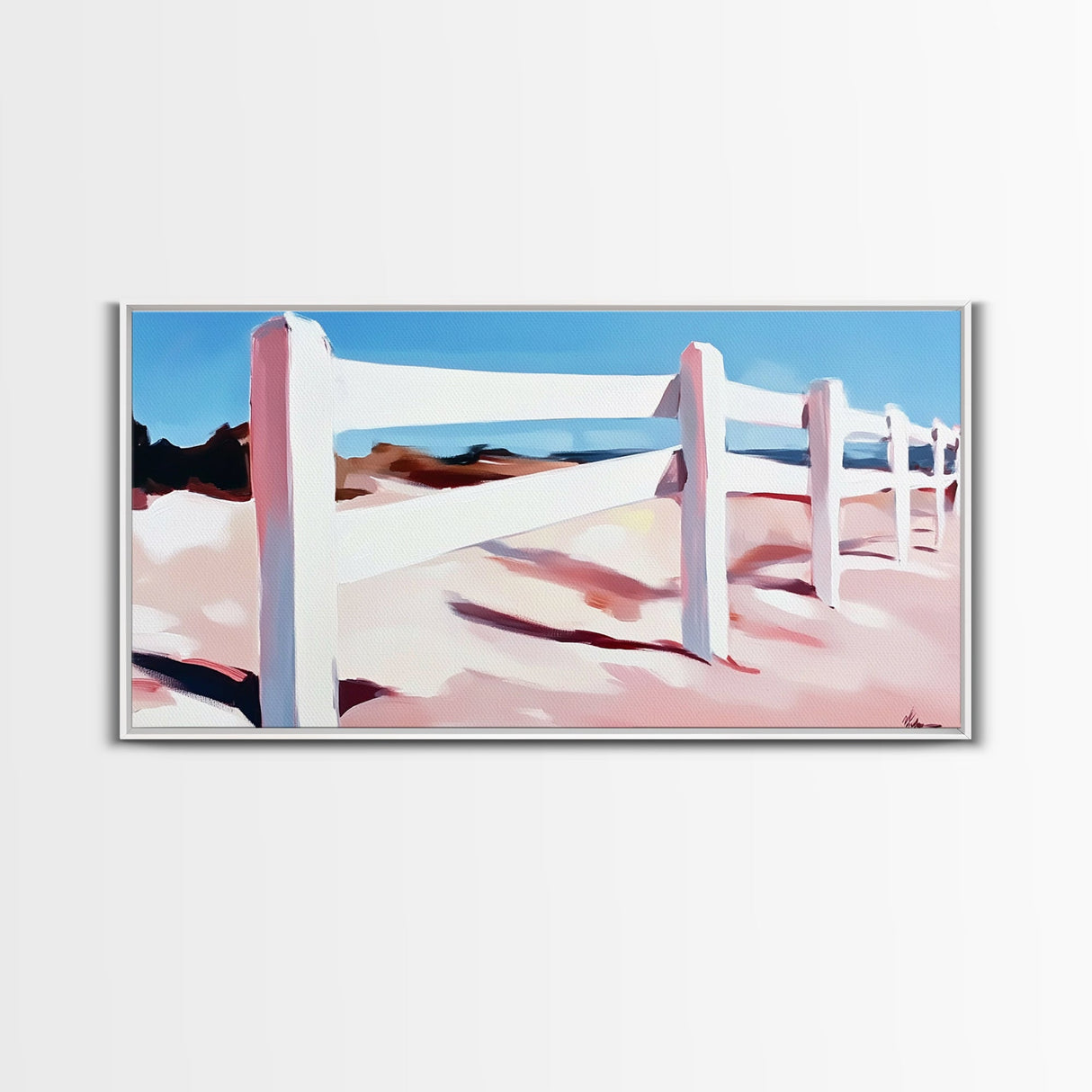 White Fence, Coastal Landscape, Pastel Beach Art, Framed Canvas Print, Minimalist Wall Decor, Ocean View Painting, Summer Art