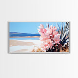 Desert Bloom, Southwest Landscape, Cactus and Flowers, Warm Toned Artwork, Boho Living Room Art, Pink and Blue Painting, Canvas Print