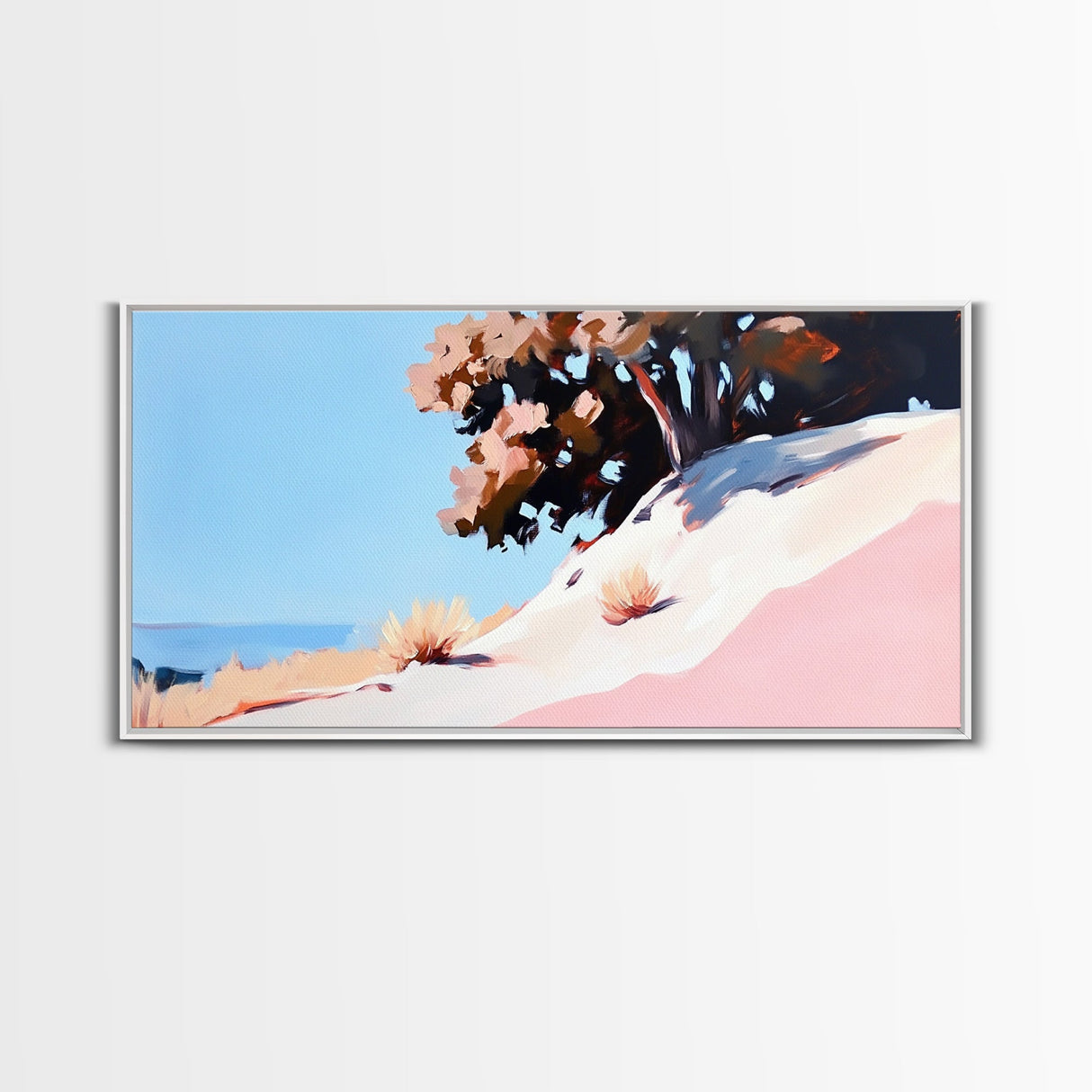 Sunlit Hill, Nature Wall Art, Serene Desert Scene, Warm Earthy Tones, Cozy Boho Decor, Relaxing Landscape Painting, Framed Canvas Print
