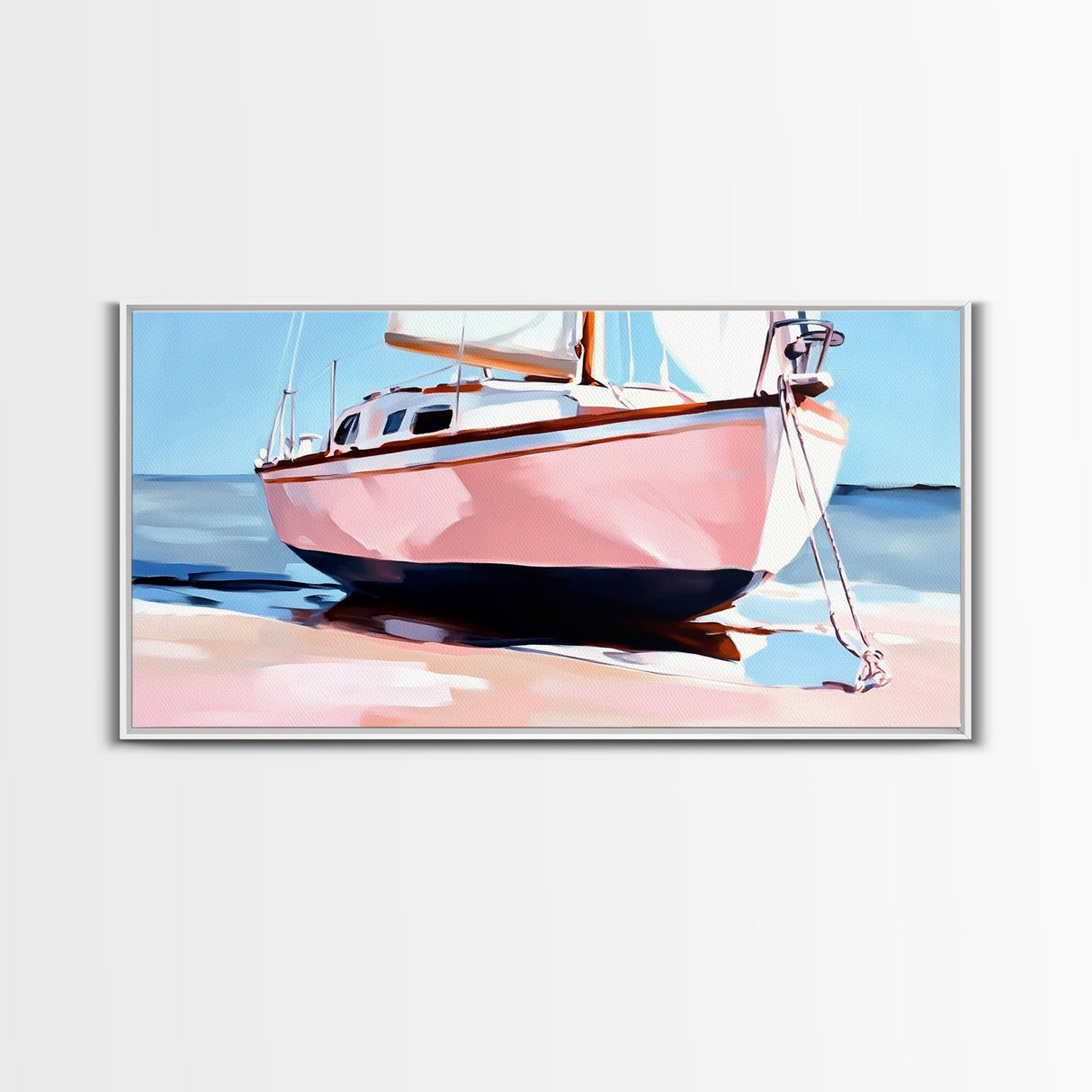 Sailboat Painting, Nautical Wall Art, Coastal Living Decor, Soft Pastel Blue and Pink, Ocean Scene, Beach House Aesthetic, Framed Canvas Print