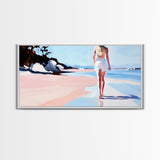 Walking Beach, Ocean View, Coastal Serenity, Tranquil Scene, Framed Canvas Print, Minimalist Decor, Boho Art, Bedroom Wall Art
