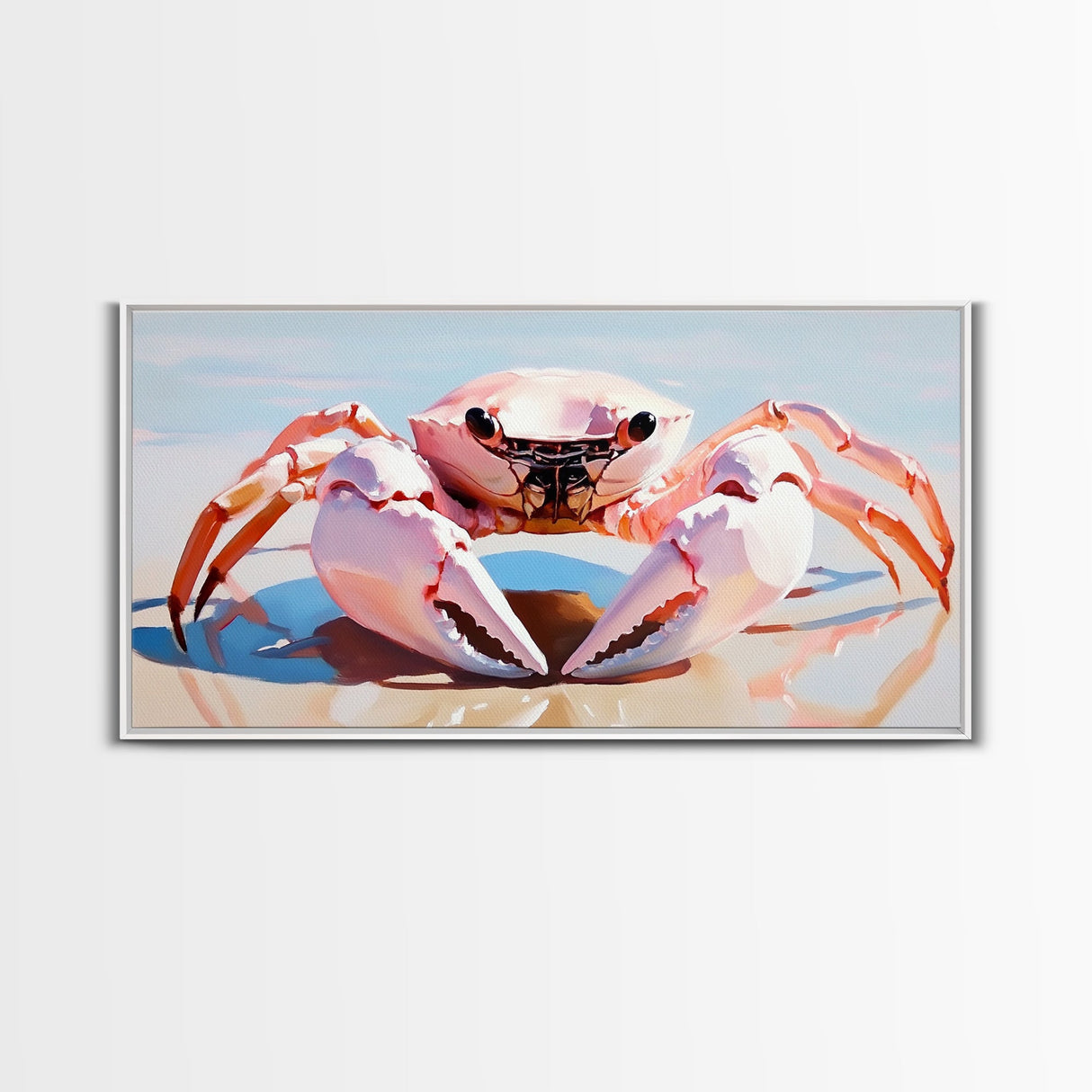 Pink Crab, Coastal Wildlife, Beach Art, Nautical Theme, Framed Canvas Print, Seaside Decor, Ocean Wall Art, Minimalist Animal Painting