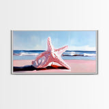 Starfish on Beach, Coastal Wall Art, Ocean Inspired Decor, Nautical Framed Canvas Print, Blue and Pink Summer Vibes Artwork