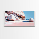 Rocky Beach Scene, Coastal Landscape, Modern Nature Art, Relaxing Seaside View, Framed Canvas Print, Ocean Wall Decor