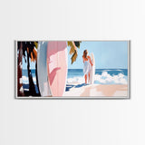 Surfer Girl, Coastal Art, Framed Canvas Print, Beach Wall Decor, Tropical Aesthetic, Ocean Painting, Summer Vibes, Modern Home Art