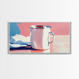 Enamel Mug, Rustic Kitchen, Framed Canvas Print, Minimalist Still Life, Vintage Aesthetic, Cozy Wall Art, Soft Pastel Painting