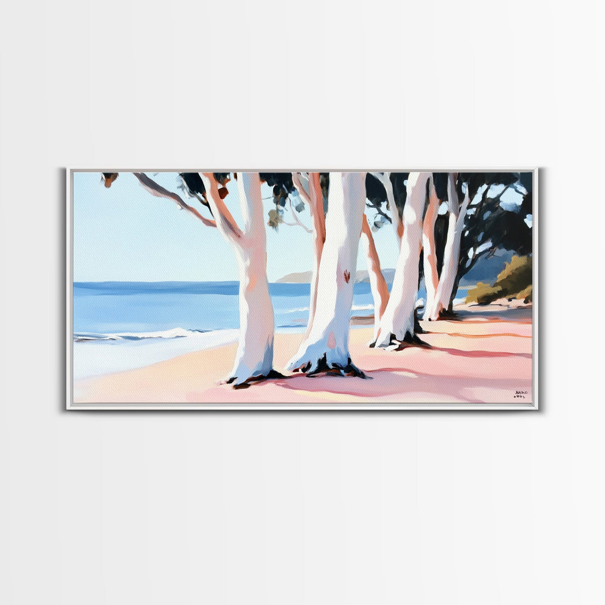 Eucalyptus Grove, Coastal Path, Sunlit Trees, Relaxing Beach Scene, Natural Beauty, Soft Pastel Tones, Modern Home, Canvas Print