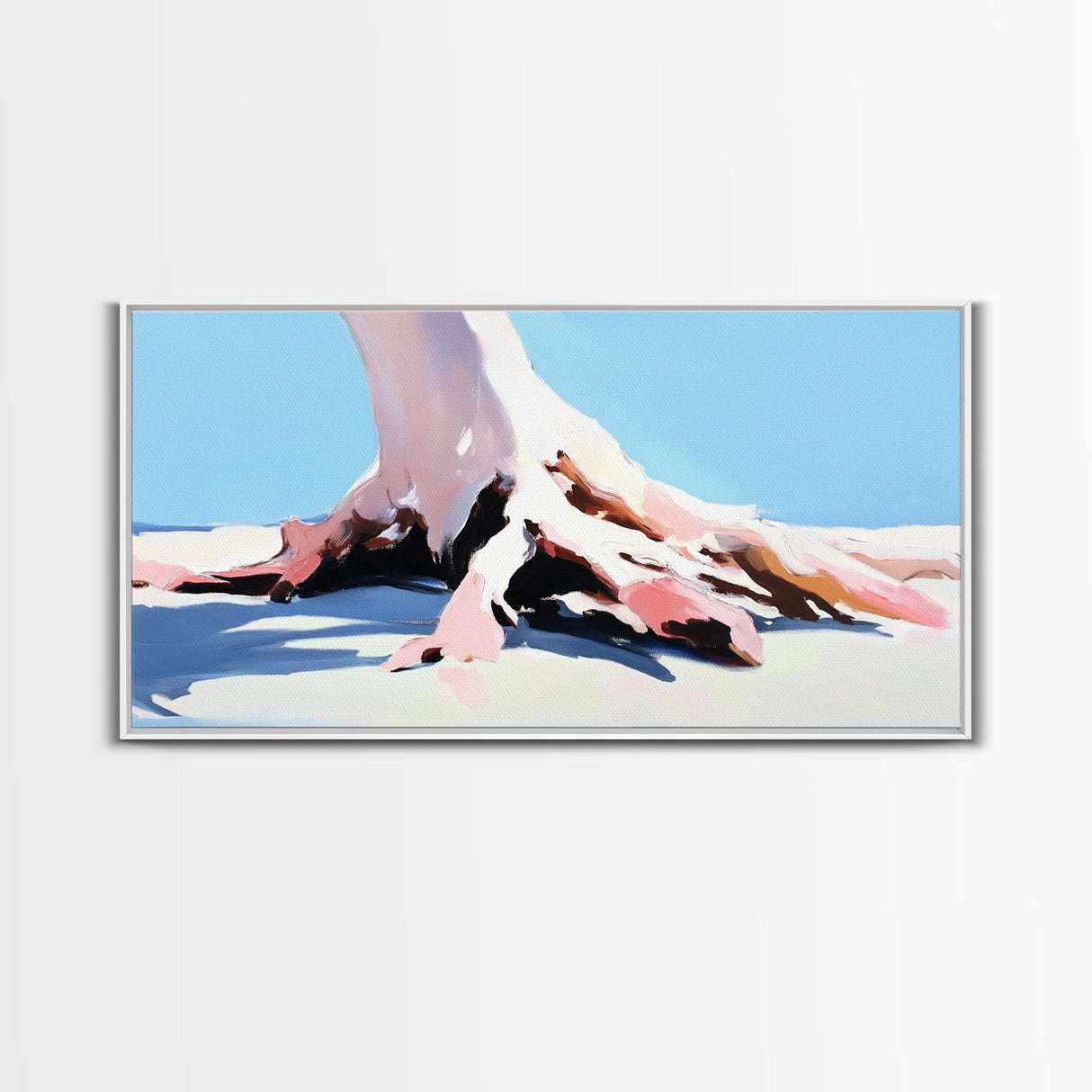 Tree, Root, Beach, Framed Canvas Print, Coastal Wall Art, Nature Inspired, Minimalist Art, Tranquil Home Decor, Pastel Painting