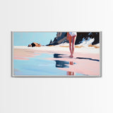 Woman, Reflection, Shoreline, Framed Canvas Print, Feminine Art, Modern Minimalist, Relaxing Home Decor, Pastel Coastal Painting
