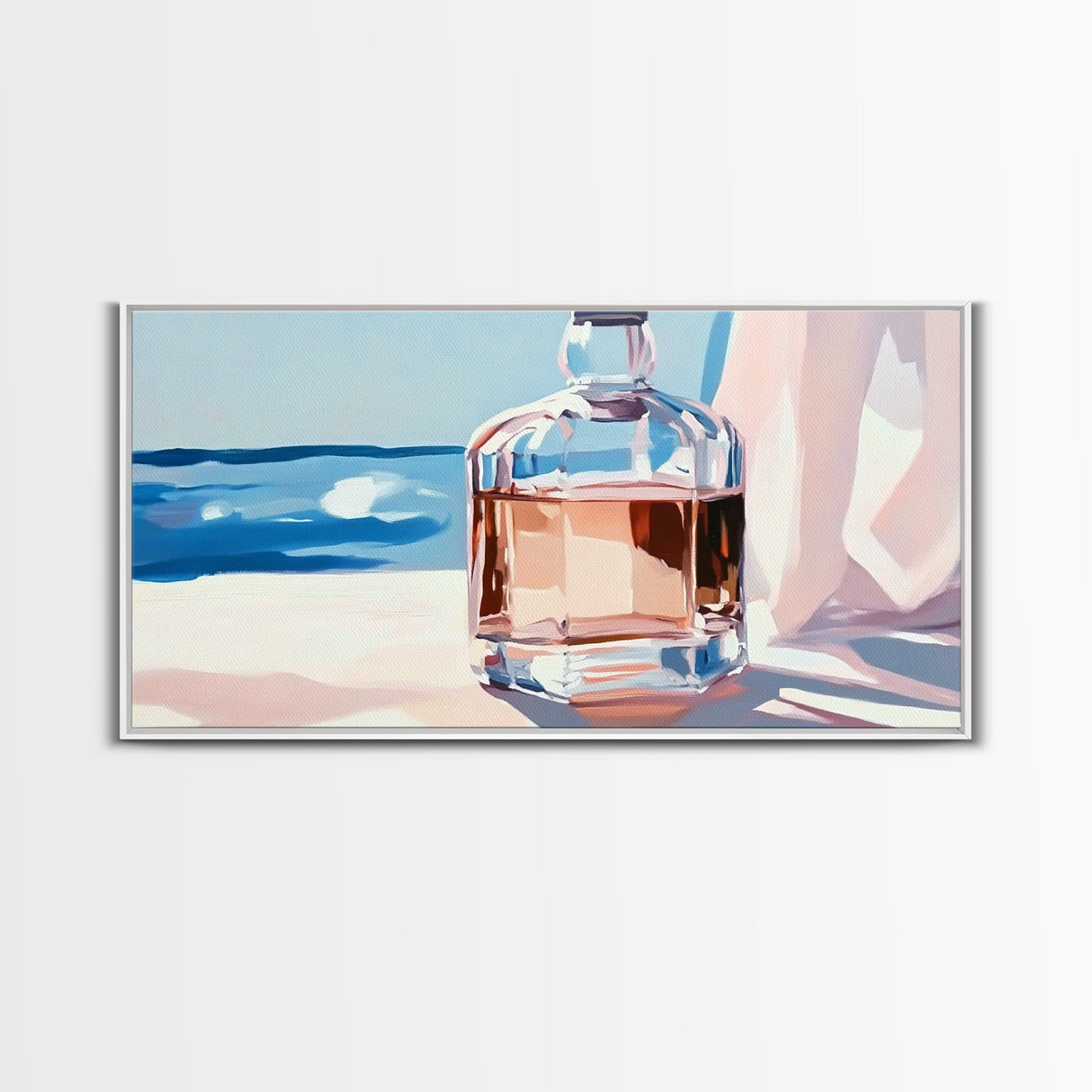 Glass Bottle, Ocean View, Beach House Decor, Coastal Aesthetic, Elegant Still Life, Framed Canvas Print, Pastel Home Decor, Tranquil Art