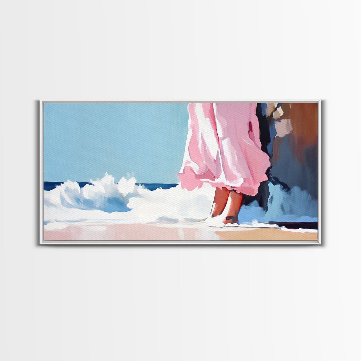 Ocean Breeze, Pink Dress, Coastal Art, Modern Seascape, Minimalist Wall Art, Living Room Decor, Beach Aesthetic, Canvas Print