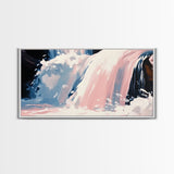 Waterfall Scene, Nature Wall Art, Serene Landscape Art, Modern Minimalist Print, Blue and Pink Tones, Framed Canvas Print, Living Room Art