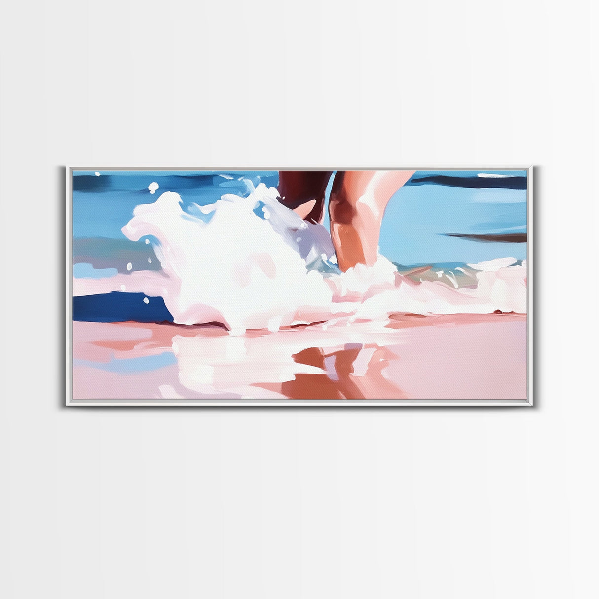 Ocean Waves, Coastal Beach Art, Water Splash Photography, Summer Boho Print, Blue and Pink Pastel Tones, Framed Canvas Print, Bathroom Art