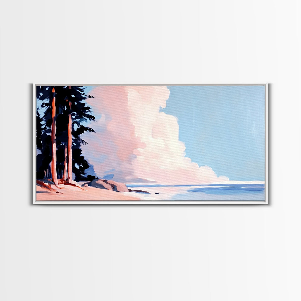 Seaside Pines, Coastal View, Tranquil Landscape, Canvas Print, Nature Wall Art, Beach House Decor, Living Room Art, Blue Minimalist Art