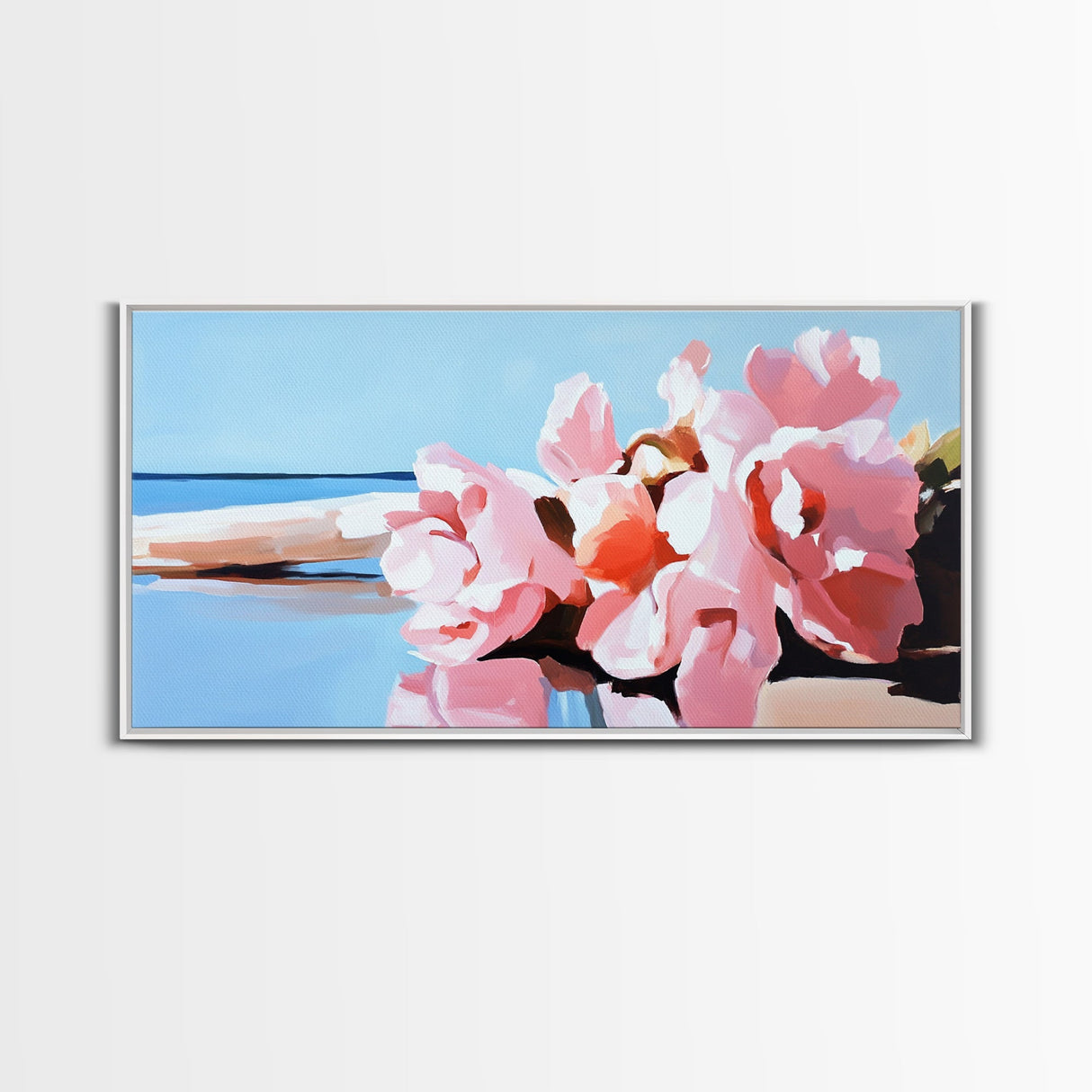 Beach Flowers, Coastal Art, Pink Peonies, Seaside Decor, Framed Canvas Print, Living Room Wall Art, Romantic Art, Boho Aesthetic