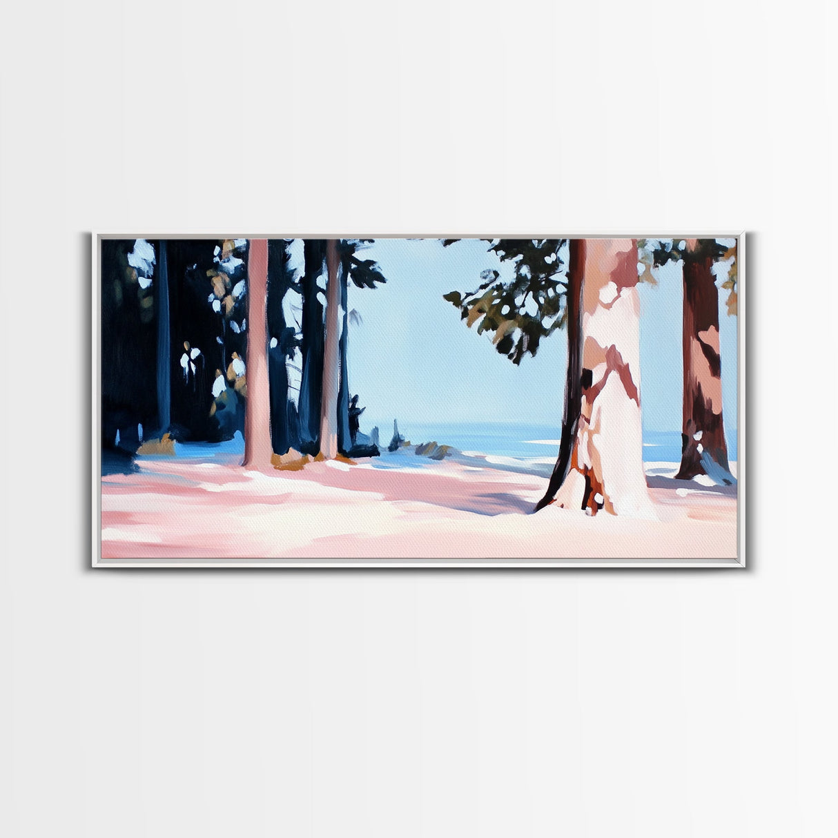 Forest by the Sea, Coastal Trees, Nature Serenity, Outdoor Wall Art, Canvas Print, Modern Landscape, Ocean Home Decor, Blue and Green Art
