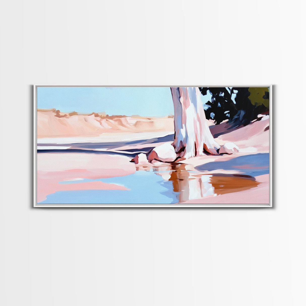 Desert Oasis, Lone Tree, Tranquil Reflection, Canvas Print, Southwestern Art, Earthy Color Palette, Minimalist Nature, Living Room Wall Art