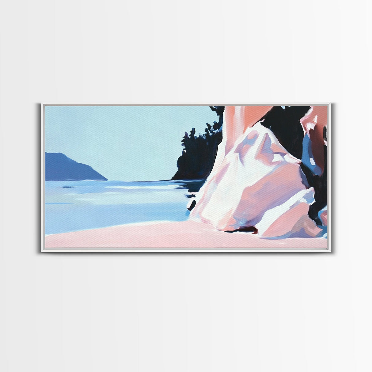 Cliffside View, Tranquil Waters, Framed Canvas Print, Coastal Wall Art, Minimalist Landscape, Serene Home Decor, Blue and Blush Tones