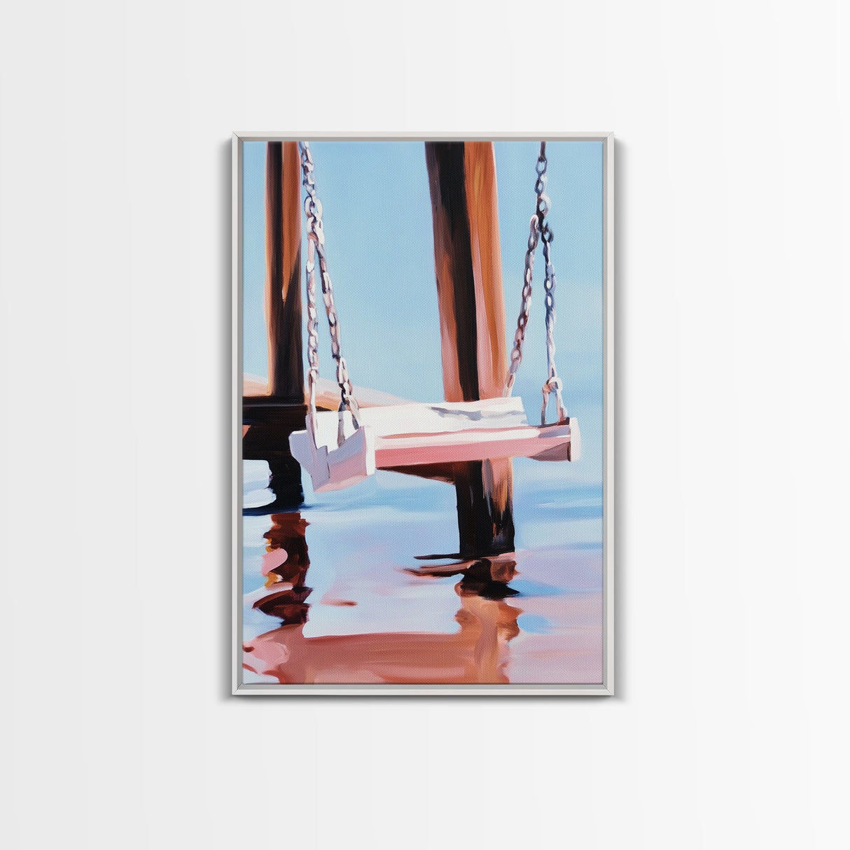 Dock Swing, Reflection Art, Nautical Decor, Relaxing Beach Scene, Minimalist Water Art, Canvas Print, Coastal Wall Art, Rustic Charm