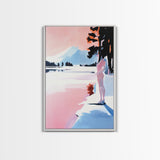 Sunset Lake, Mountain Reflection, Dreamy Landscape, Pastel Art, Framed Canvas Print, Living Room Wall Art, Romantic Nature Scene