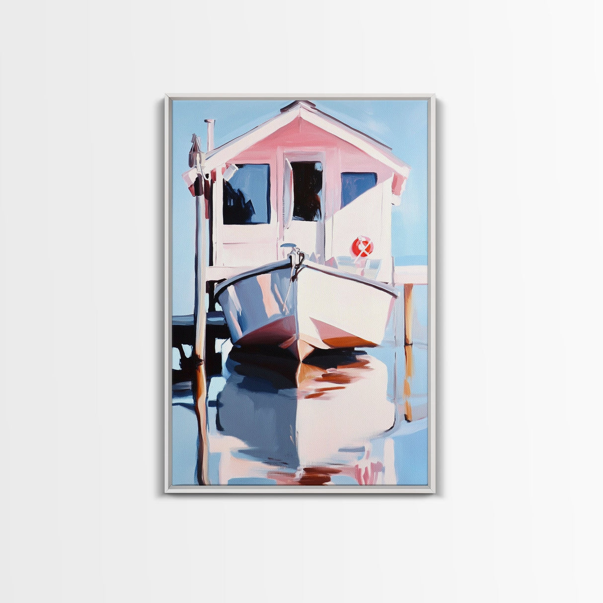 Boat Dock, Harbor Scene, Nautical Home Art, Coastal Wall Decor, Framed Canvas Print, Minimalist Beach Art, Modern Painting, Boho Art