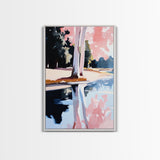 Water, Trees, Pink, Reflection, Framed Canvas Print, Dreamy Nature Artwork, Modern Home Decor, Bedroom Wall Art, Relaxing Lake Scene