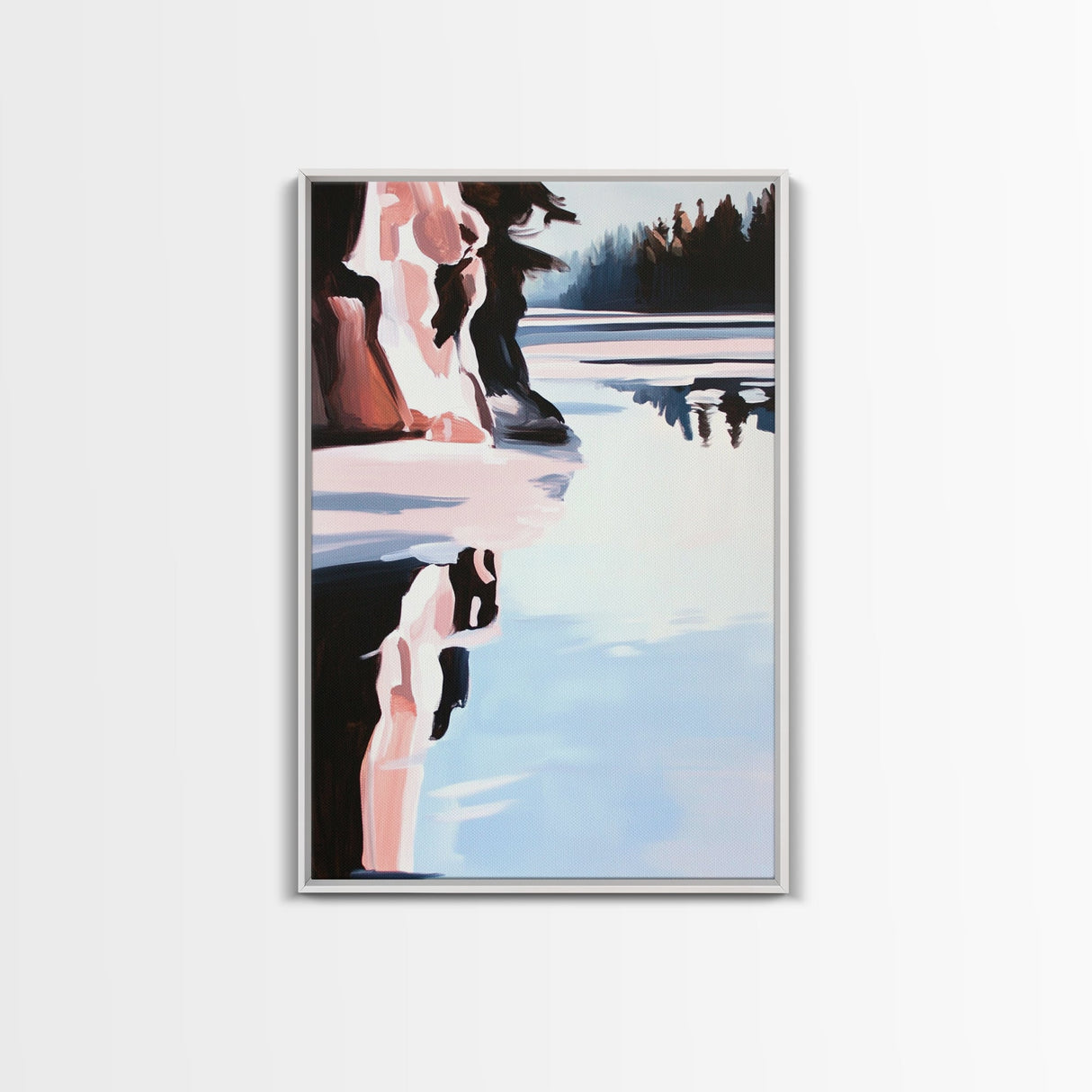 Winter Lake, Reflections, Moody Landscape, Nature Photography Style, Cool Tones, Wilderness Art, Cabin Decor, Framed Canvas Print