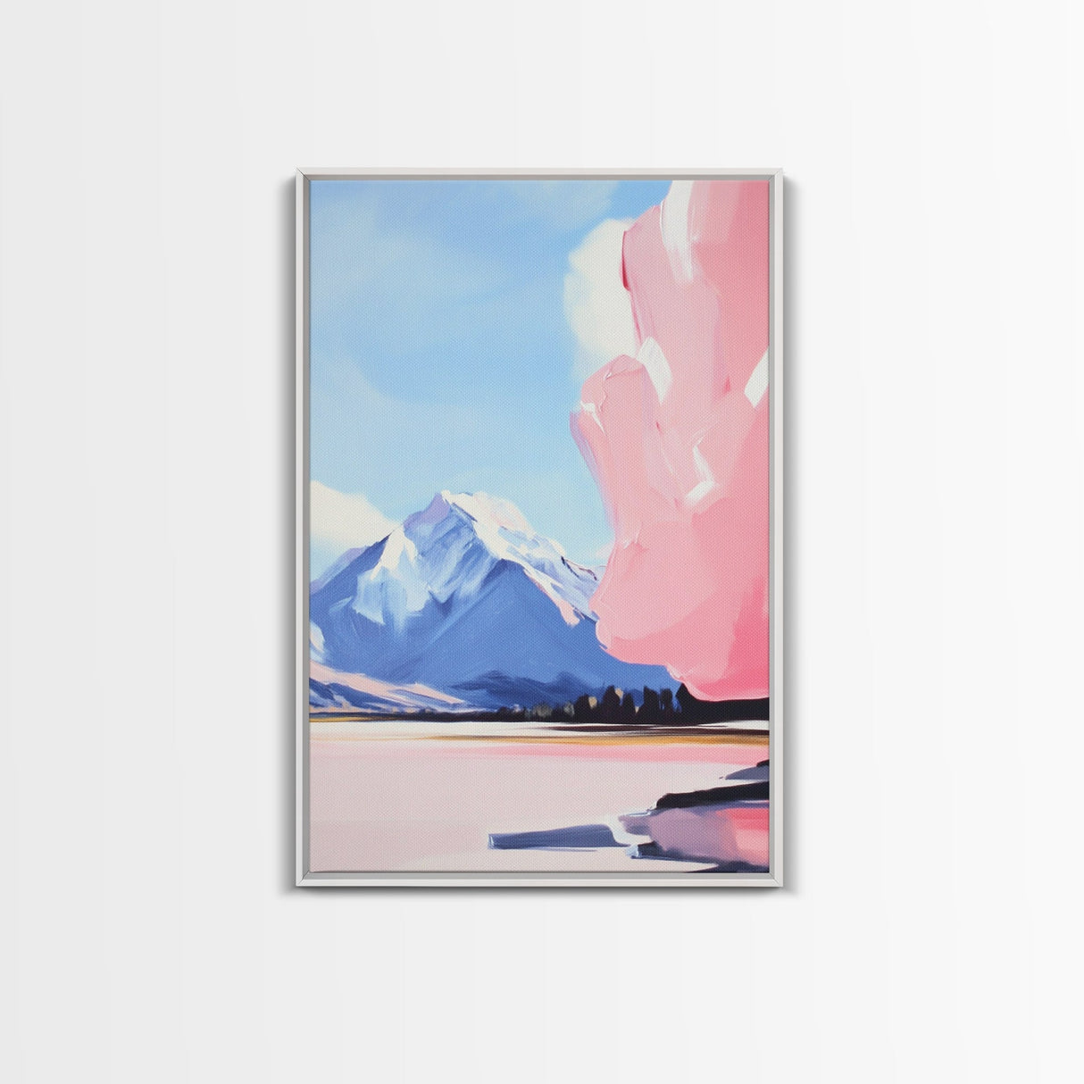 Snowy Mountain Art, Pastel Landscape, Modern Nature Print, Framed Canvas Print, Winter Decor, Minimalist Wall Art, Cozy Home Aesthetic