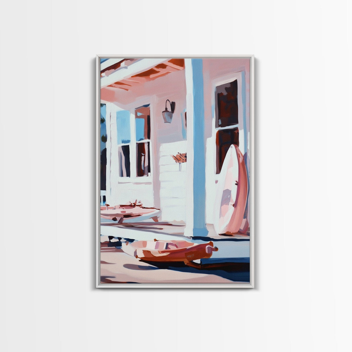 Coastal Cottage Porch, Beach House Art, Nautical Home Print, Framed Canvas Print, Serene Summer Aesthetic, Relaxing Living Room Wall Art