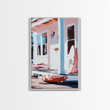Coastal Cottage Porch, Beach House Art, Nautical Home Print, Framed Canvas Print, Serene Summer Aesthetic, Relaxing Living Room Wall Art