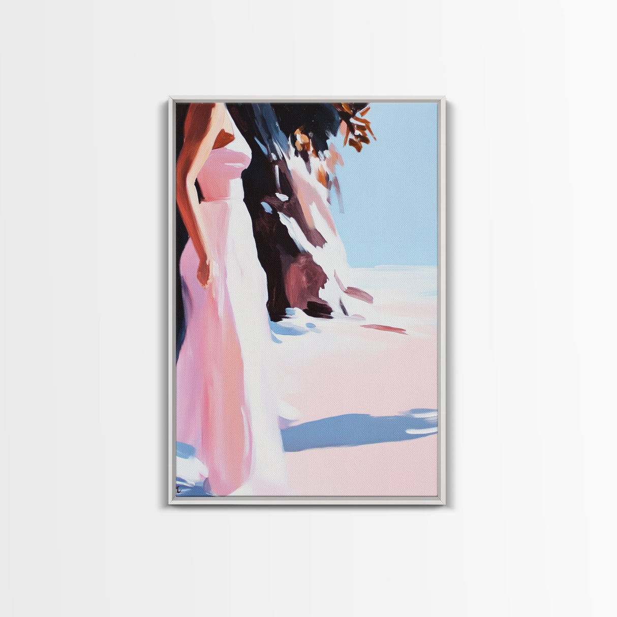 Woman in Dress, Feminine Wall Art, Beach Scene, Soft Pastel Print, Framed Canvas Print, Romantic Home Decor, Elegant Artwork