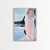 Woman by Water, Soft Pastel Art, Romantic Beach Scene, Minimalist Print, Framed Canvas Print, Tranquil Home Decor, Feminine Wall Art