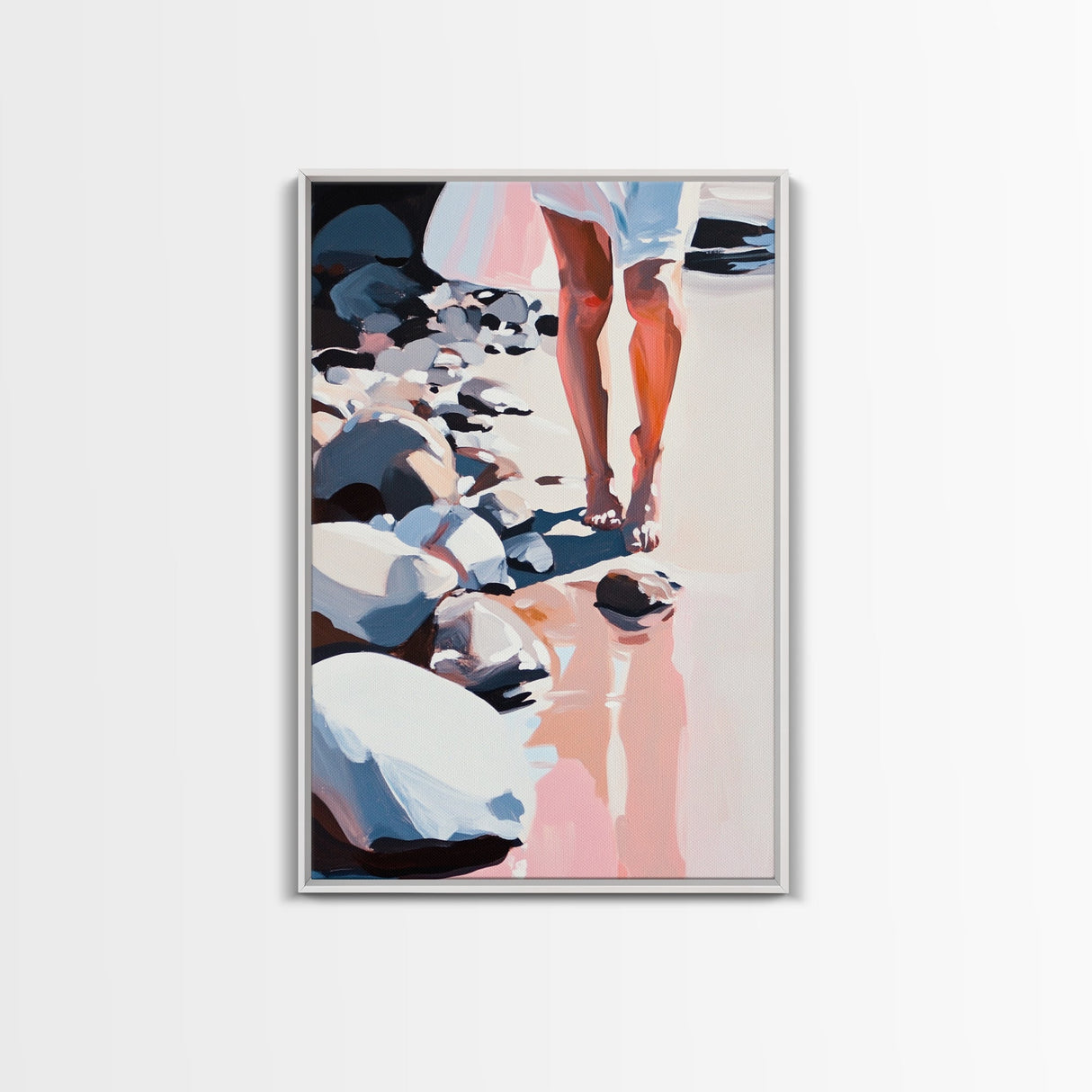 Walking on Rocks, Coastal Reflection, Beach Serenity, Soft Pastel Art, Framed Canvas Print, Nature Home Decor, Modern Wall Art