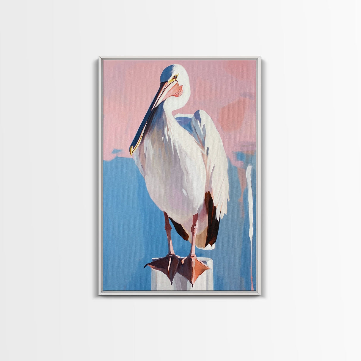 White Pelican, Coastal, Bird Art, Pastel, Beach House, Nature, Wildlife, Serenity, Aesthetic, Light Blue, Living Room, Canvas Print