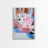 Poker Hand, Woman Holding Cards, Gambling Art, Casino Wall Art, Luxury Decor, Contemporary Art, Framed Canvas Print, Game Room