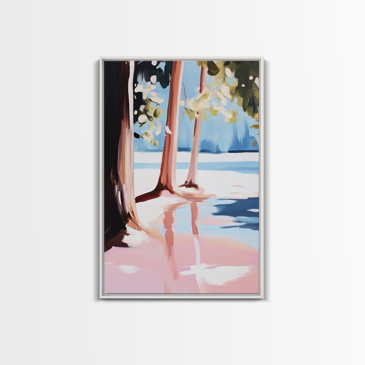 Sunset Reflection, Tranquil Beach, Serene Landscape, Ocean Serenity, Pink Skies, Relaxing Vibes, Framed Canvas Print, Living Room