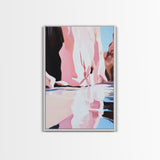 Cliffside Reflection, Coastal Wall Art, Beach House Decor, Blue and Pink Minimalist, Living Room Art, Framed Canvas Print