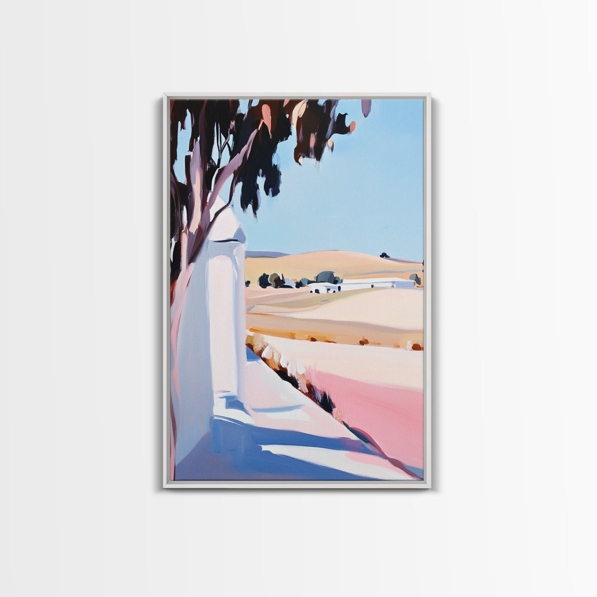Sunlit Fields, Rural Landscape, Mediterranean Art, Warm Pastel Colors, Farmhouse Aesthetic, Framed Canvas Print, Kitchen Wall Art