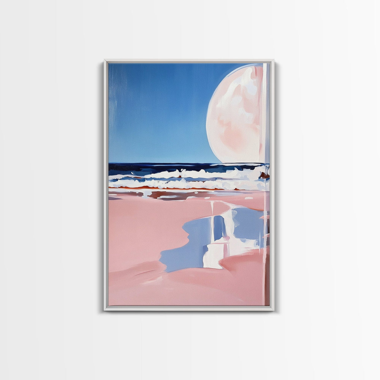 Moonlit Beach, Ocean Waves, Surreal Seascape, Canvas Print, Dreamy Coastal Art, Living Room Decor, Nautical Aesthetic, Minimalist Art