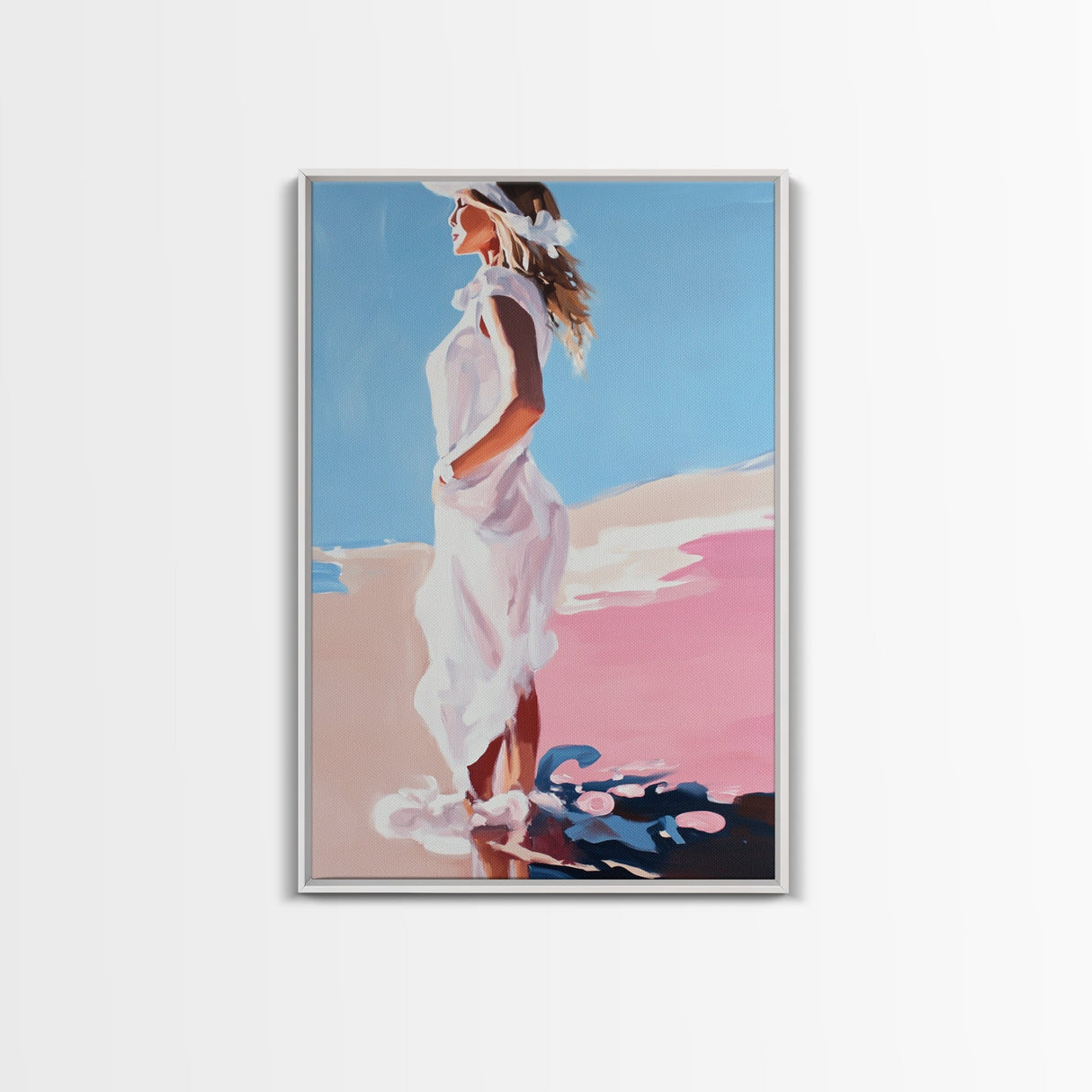Woman in White, Summer Art, Elegant Coastal Decor, Framed Canvas Print, Beach Painting, Modern Boho Wall Art, Bedroom Wall Art