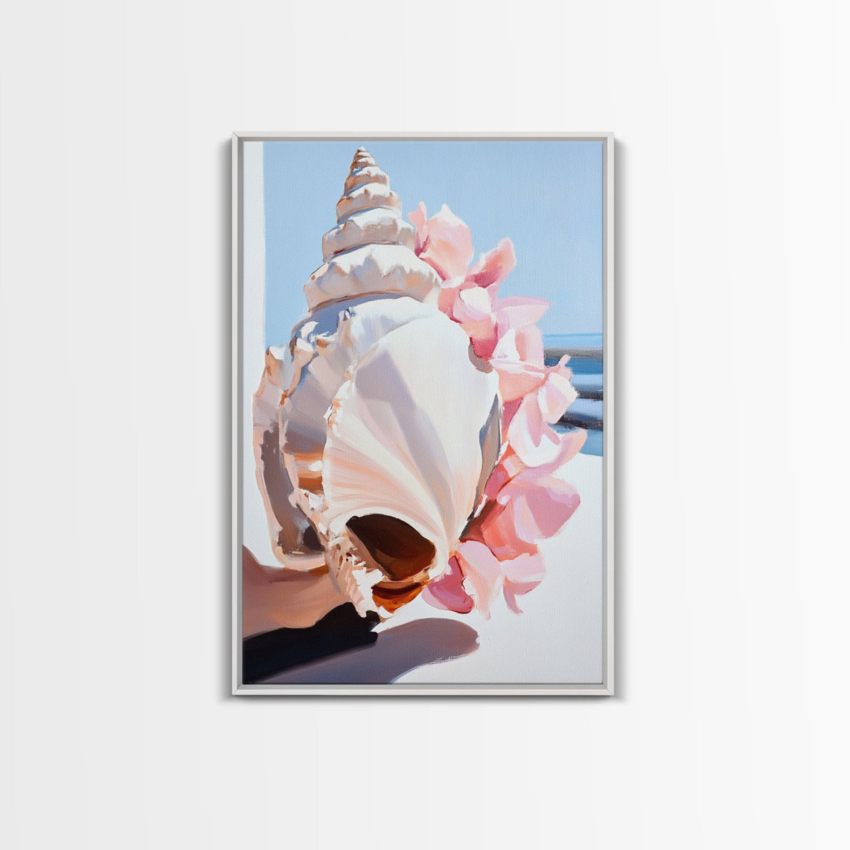Seashell, Pink Flowers, Beach Aesthetic, Coastal Wall Art, Framed Canvas Print, Nautical Decor, Ocean Lover, Bedroom Art