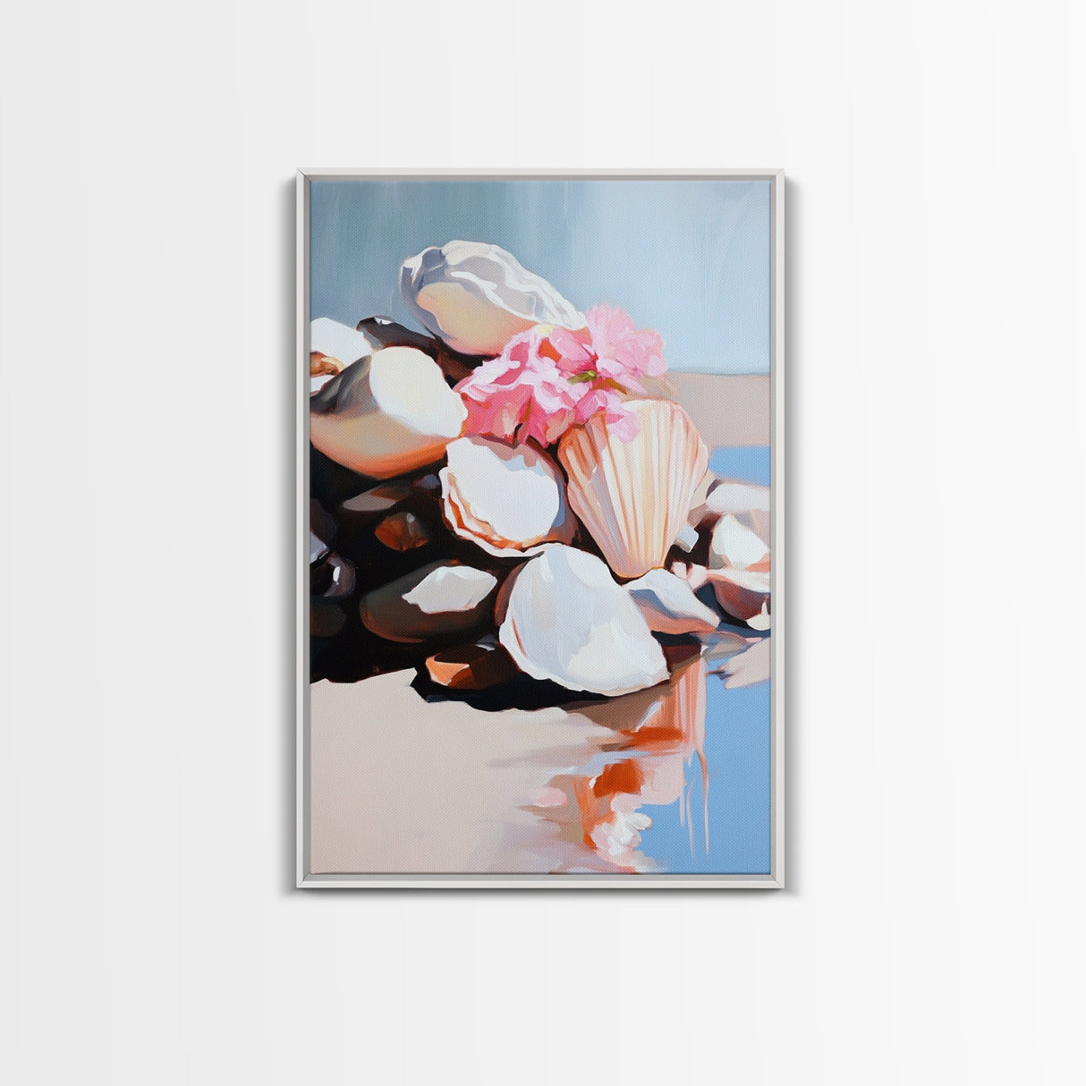 Seashell Collection, Beach Treasures, Coastal Aesthetic, Nautical Wall Art, Framed Canvas Print, Ocean Decor, Living Room Artwork